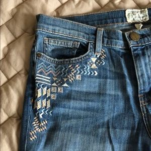 Current/Elliott Blue Denim Jeans with Beige & Light Blue Embroidery